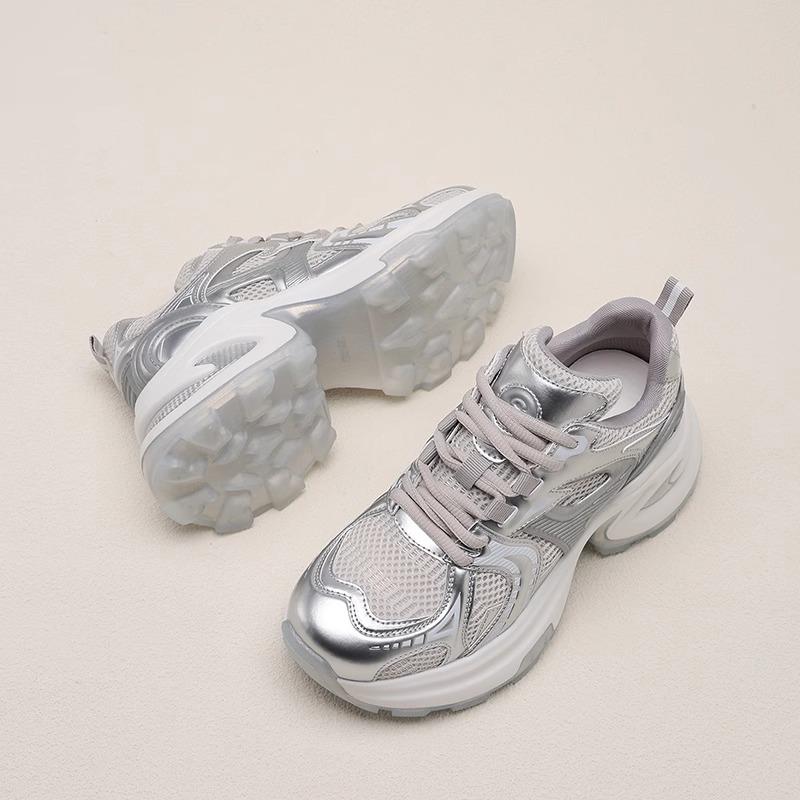 All soft leather~ thick sole inner height increase casual sports shoes women's 2025 spring new mesh breathable fashion dad shoes