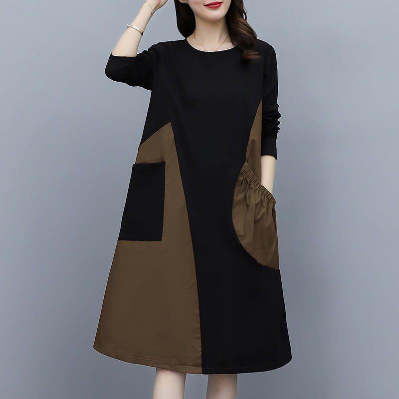 Autumn Plus Size Contrast Patchwork Long Sleeve Dress - Slimming, Stylish, Tummy Concealing Mid-Length Skirt for Women
