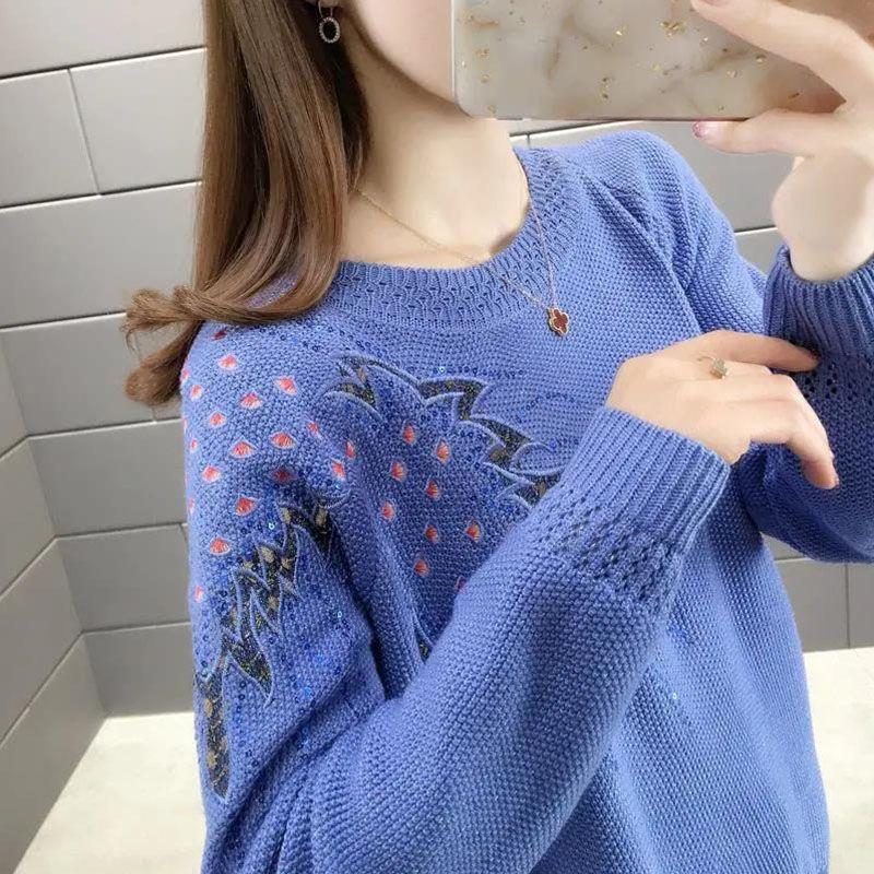 Loose spring and autumn women's hollow topShort round neck embroidered knitted sweater versatile and fashionable base shirt