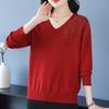 Spring Autumn Women's V-Neck Knitted Sweater Loose Solid Pullover Knitwear Thin Rhinestone Knit Top