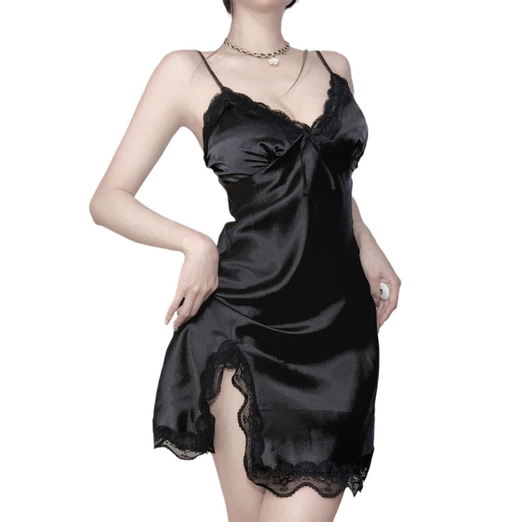 Sleek Lace Satin Camisole Nightgown: Women's Deep V Slit Pajama & Homewear Set