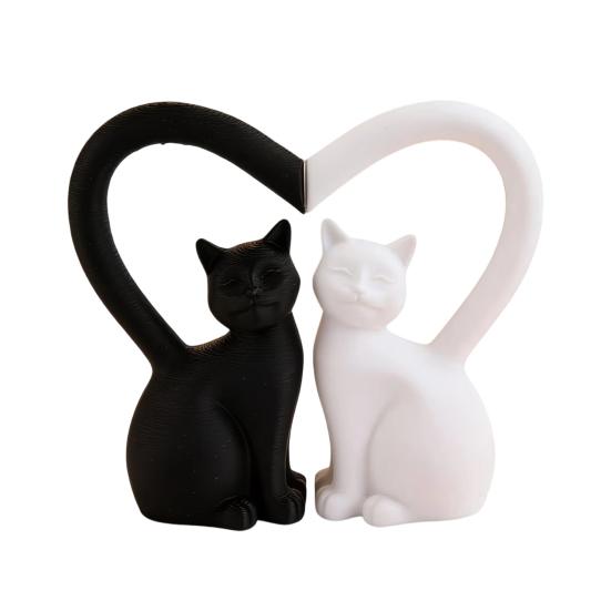 2Pcs Couple Cat Figurine Black & White Cat Statue with Heart-Shaped Tail Stable A