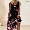 Women Plus Size Scoop Neck Sleeveless A Line Black Floral Butterfly Print Maxi Dress