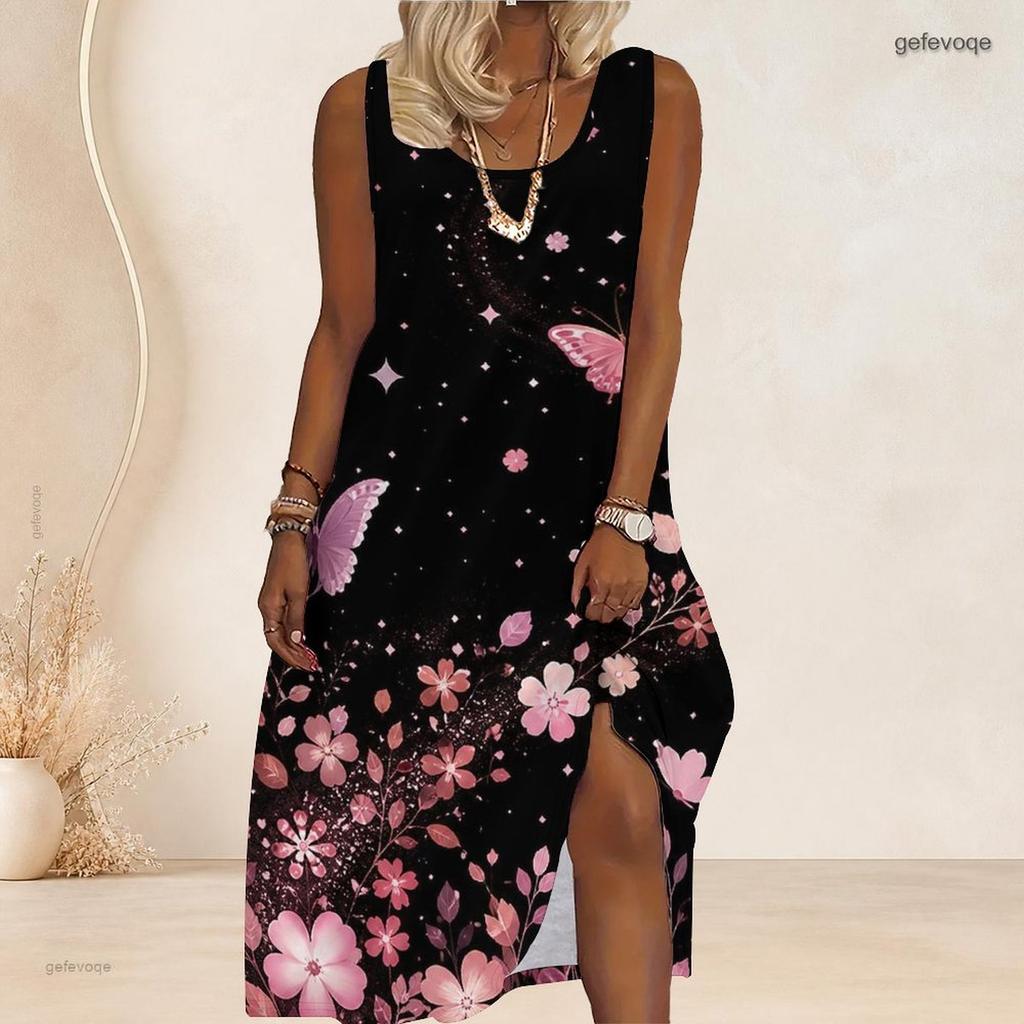 Women Plus Size Scoop Neck Sleeveless A Line Black Floral Butterfly Print Maxi Dress