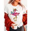 Blue Collar Pink Flamingo Drinking Beverage Fashion Letter Print T-shirt, Short Sleeve Crew Neck Casual Top for Summer & Spring, Women's Clothing