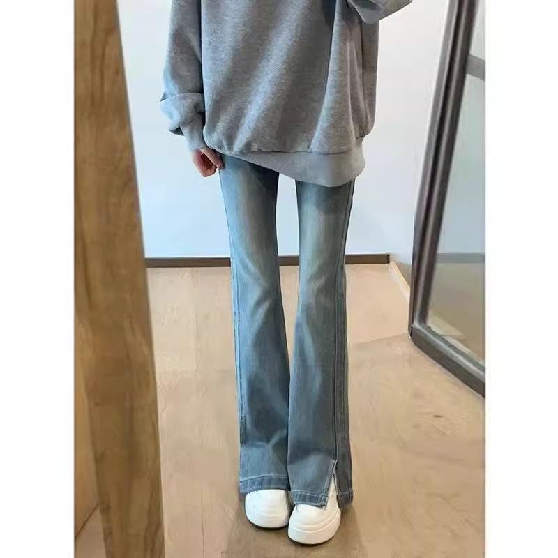 Plus Size Women s Micro-Flare Split Denim Jeans - Straight Leg, Blue Stretch, Non-Sticky, Flare Long Pants M светло-синий