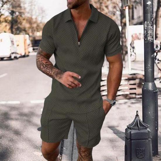 2 Pcs/Set Men Shirt Shorts Set Zip Neckline Lapel Solid Color Short Sleeves