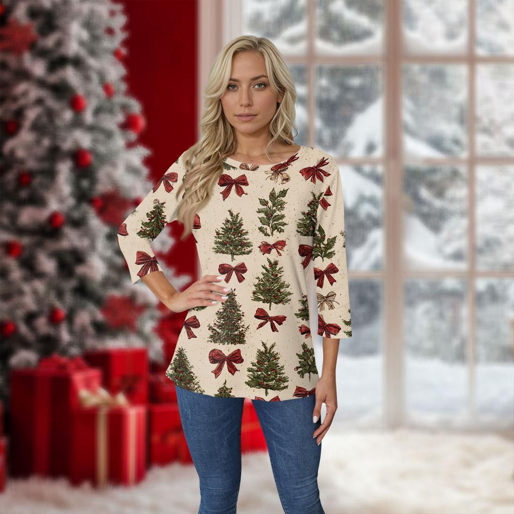 Women's O-Neck 3/4 Sleeve Christmas Print Top