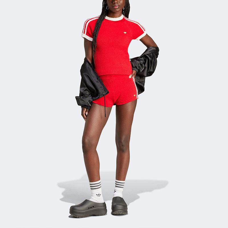 Adidas Originals Premium Full Fashioned Side Stripe Elastic Waist Knitted Casual Shorts Women Shorts Red IX0941