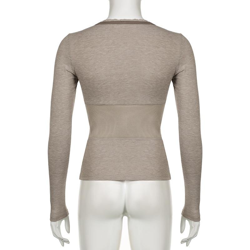 Women's Comfortable Casual Solid Colour Button Splicing Bottoming Tight T-shirt Spring and Summer New Spice Girls Models V-neck Tops