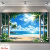 2D flat banner  1 piece. Tropical beach window scene with palm tree landscape art polyester background fabric.