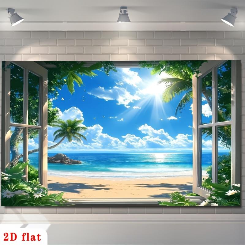 2D flat banner  1 piece. Tropical beach window scene with palm tree landscape art polyester background fabric.