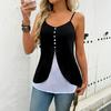 Women Tops V Neck Sleeveless Soft Stretchy Sling T-Shirt Buttons Decor Fake Two-Piece Design Mid-length Tee Shirt Daily Wear
