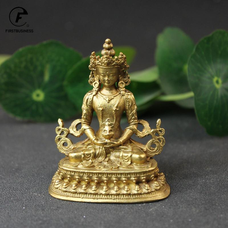 Antyczny Miedziany Budda Amitayus Mała Statuetka Ozdoby na Biurko Figurki Amitabha Szczęśliwe Akcesoria do Dekoracji Domu Rzemiosło Dekoracje