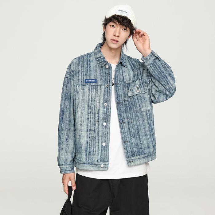 

Весенняя куртка из чистого хлопка свободного покроя в стиле ретро, мужская полосатая стираная куртка для инструментов 4XL синий