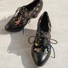 Johnature Ethnic Style High-heeled Pumps Genuine Leather Patchwork Jacquard Fabric Thick Heel Women's Shoes