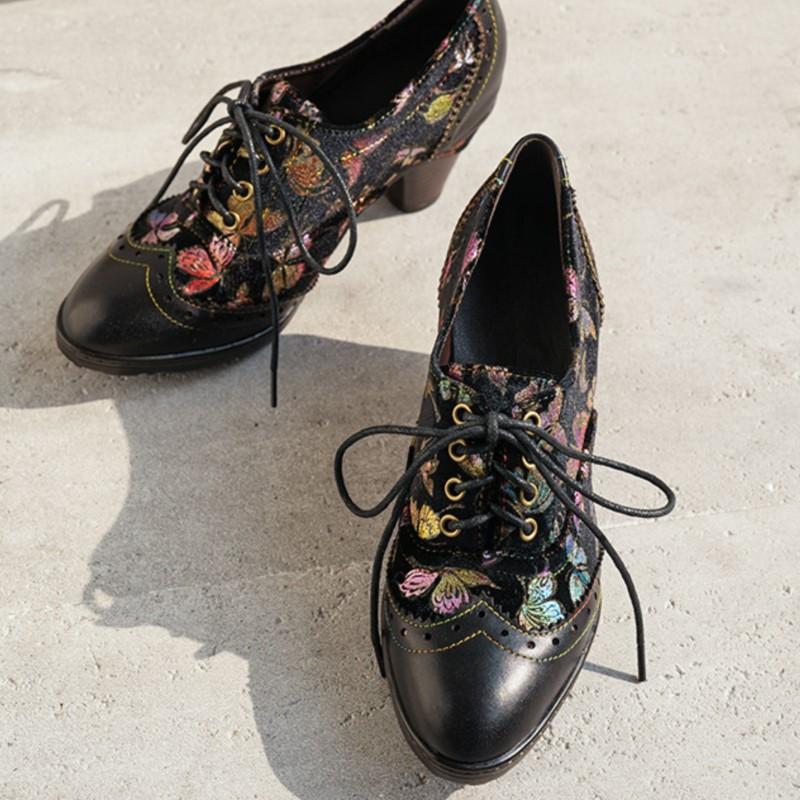 Johnature Ethnic Style High-heeled Pumps Genuine Leather Patchwork Jacquard Fabric Thick Heel Women's Shoes