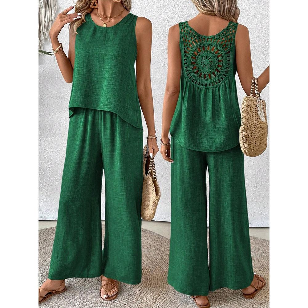 Women's Spring and Summer Solid Color Hollow Lace Two-piece Casual Vest, Wide-leg Pants, Trousers, European and American Style