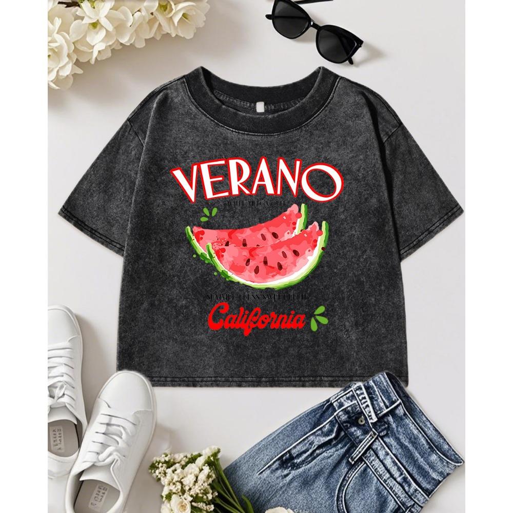 Verano California Summer Watermelon Printing Washed T Shirts Women Y2K Cotton Top Crewneck T-Shirt Summer Sports T-Shirt