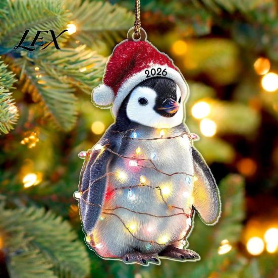 Christmas Tree Hanging Accessories Animal Ornaments with Lanyard, Cute Double Sided Pendant 2026 Acrylic Gift Tags Santa Hat, 2D Flat Sign for Holiday