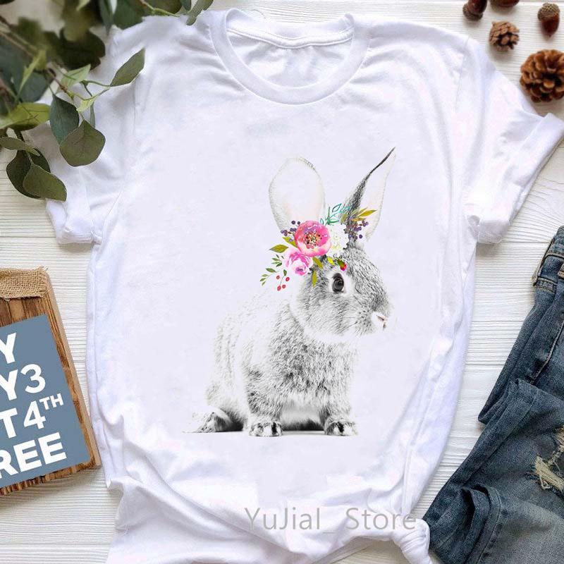 

Summer Fashion Women T-Shirt Funny Rabbit Bunny Flowers Animal Print Tshirt Femme Harajuku Shirt Kawaii Clothes T Shirt Female XXXL білий