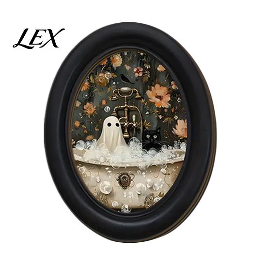 Gothic Farmhouse Decor Halloween Wooden Door Hanging Sign, Oval Black Cat Ghost Wall Plaque, Retro Vintage Aesthetic Home Waterproof Art for Entryway A