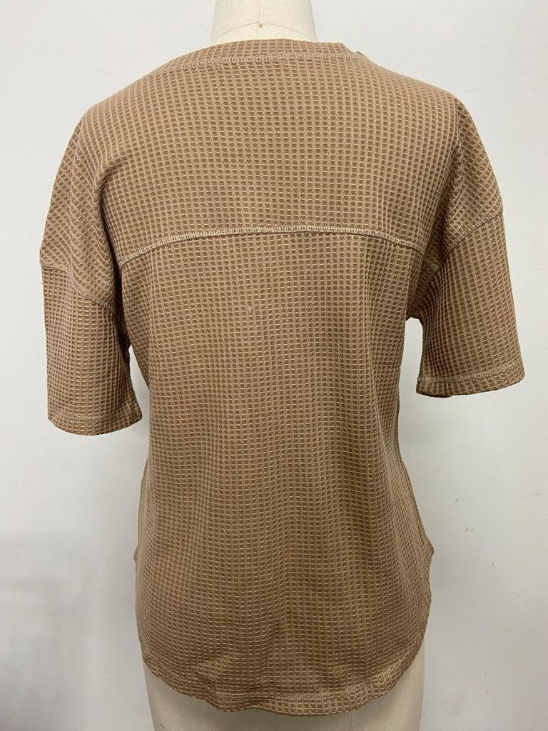 2024 Damen Sommer V-Ausschnitt Fledermausärmel Waffelstrick Kurzarm Locker T-Shirt Top
