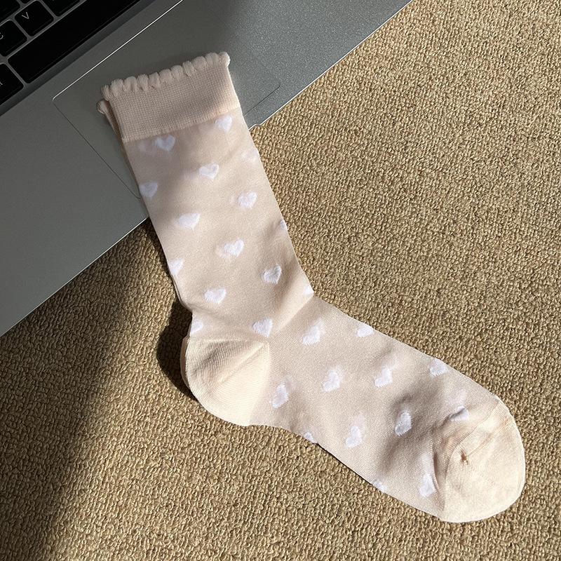 Ladies Spring and Summer Thin Love Crystal Silk Auricle Lace Breathable Cylinder Stack Socks