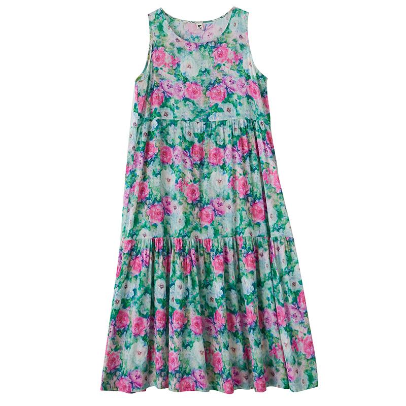 DIMANAF Plus Size Dress Summer Women Vintage Linen Elegant Style Sleeveless Floral Loose New Long Dress 8021