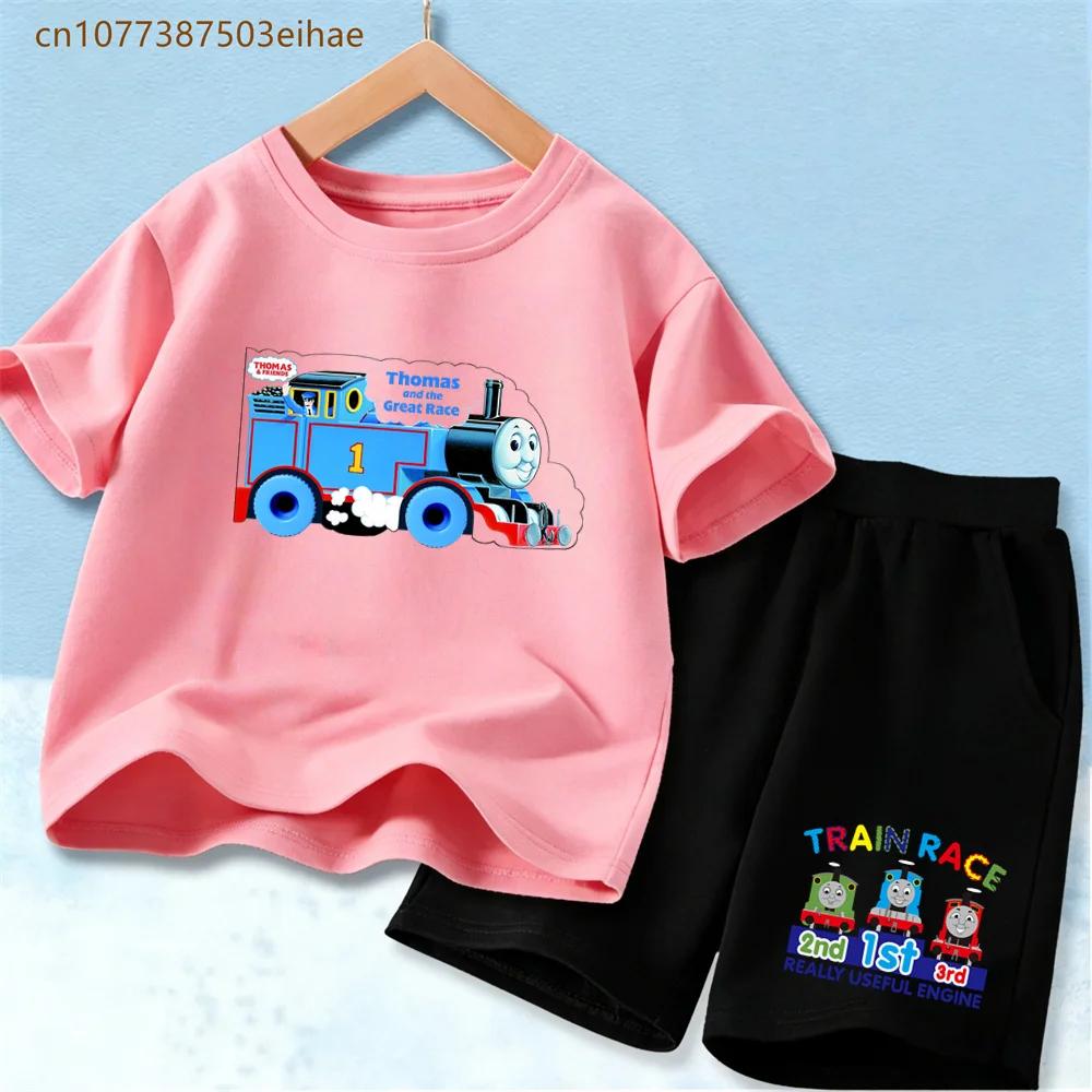 Thomas Train Children's Suit Soft Pure Polyester Tee with Vivid Train Design And Loose Shorts Cool Summer Outdoor Play Wear for Boy