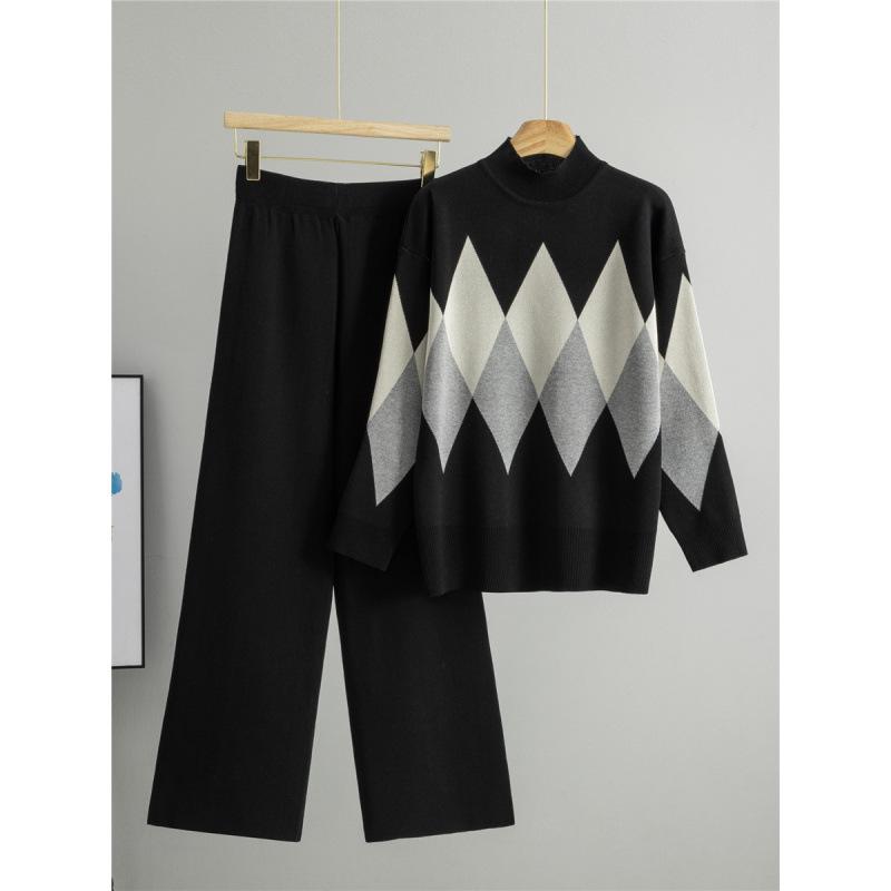 Women's Autumn/Winter Knitwear Set: Cross-Rhombus Half-High Collar Sweater with Wide-Leg Pants Fashion Two-Piece.