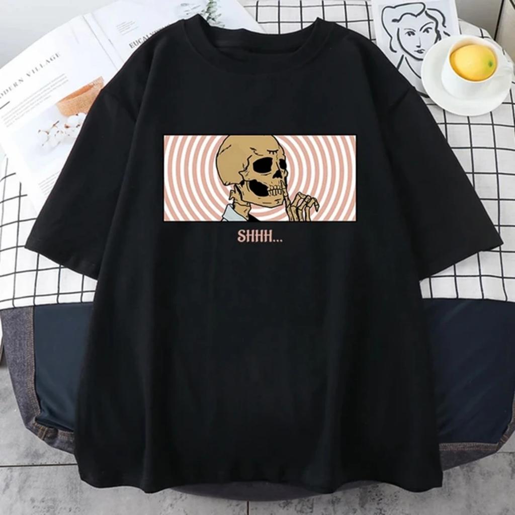 Shhh Keep Quiet Skeletons Mans Tee Clothing Personality Street Oversize Tops All-math Casual T-Shirts Men Short Sleeve 72489