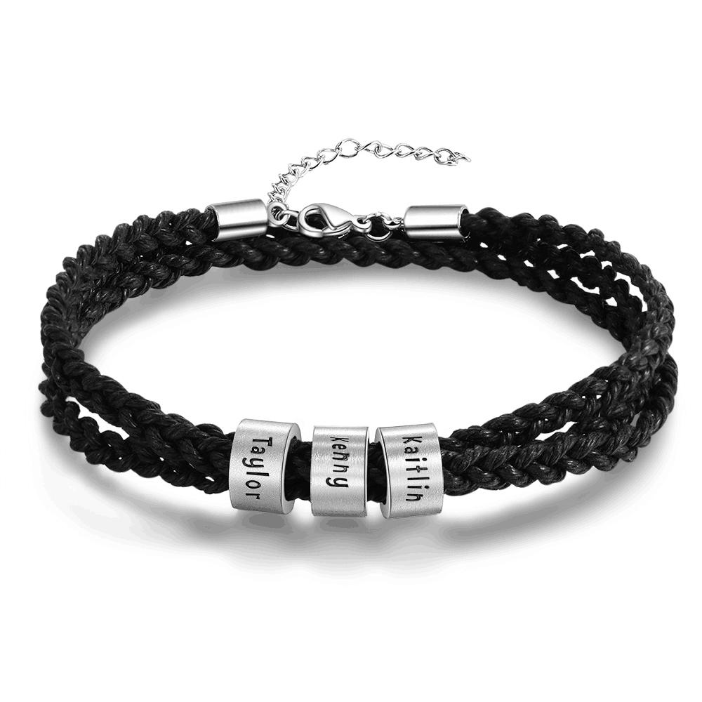 Lemegeton Custom Mens Bracelet 1-7 Names Engraved Beads Braided Leather Bracelets on Hand Personalized Jewelry Friendship Family