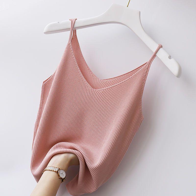 V Neck Ice Silk Camisole Plus Size Women Inner Wear Thread Knit Short Top Hyuna Style Versatile Sexy Base Shirt