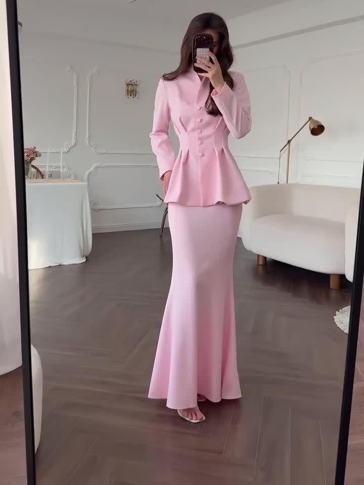 2025 Spring Elegant Retro Women's Solid Color Long Sleeve Top and Skirt Set