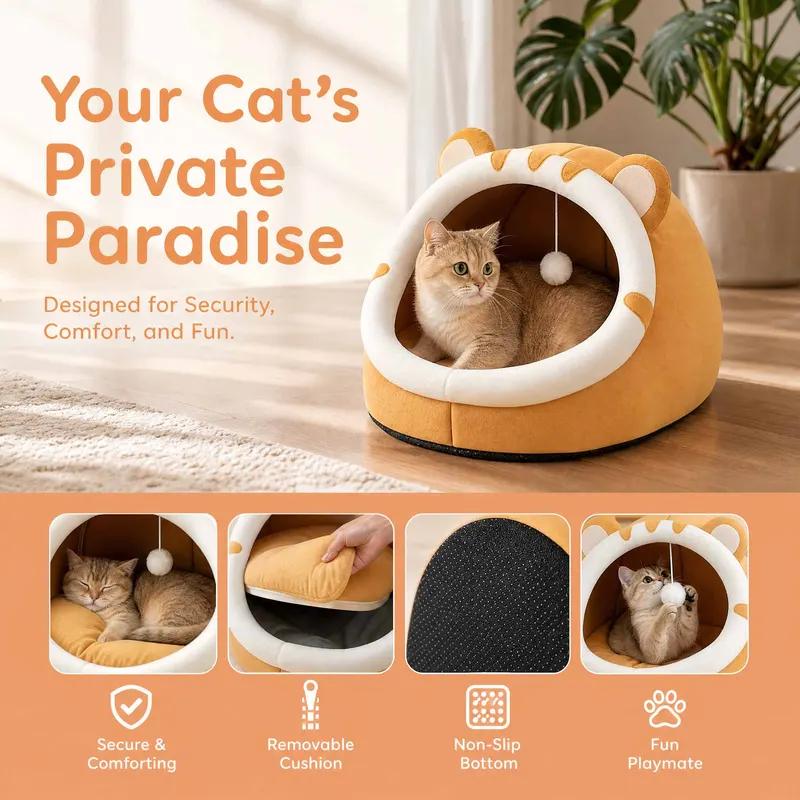 Cartoon Cat Ear Closed Cat Bed Soft Fluffy Warm Pet Nest Dog Mat with Hanging Toy Washable Cat House for Cats & Small Dogs