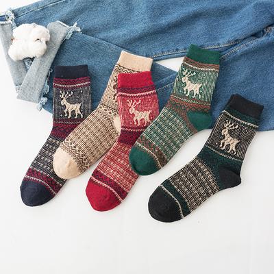 5 Paar Neue Weihnachts-Rentier Kaninchenwolle Mid-Calf Socken für Damen im Herbst und Winter