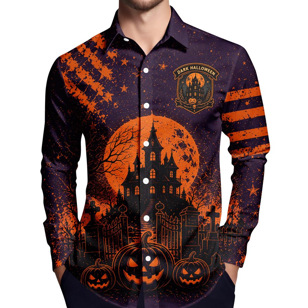 Men's Halloween Printed Long Sleeve Button Down Shirt for Party Costume