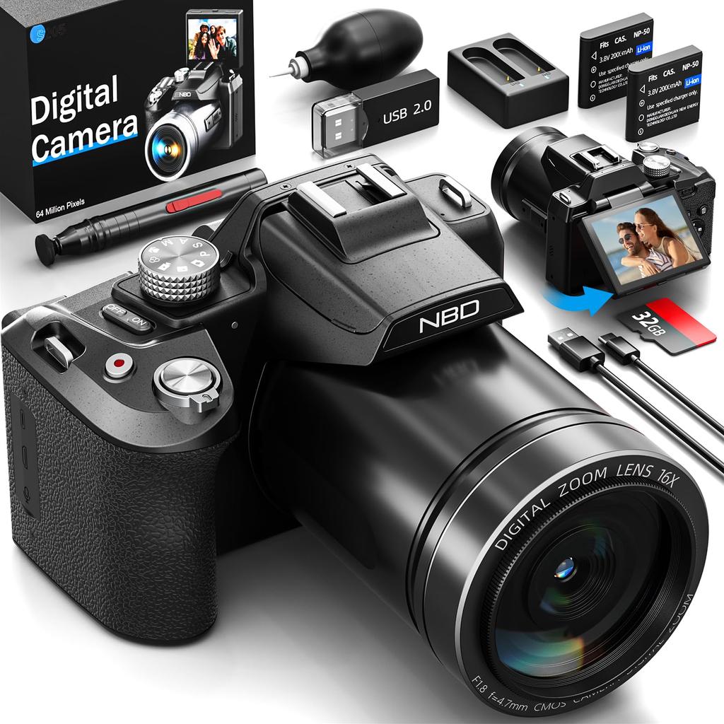 NBD 5K 64MP Digital Camera and App 16x Zoom Digital Camera with Autofocus and Image Stabilization Screen Webcam Function 32GB microSD Card Two