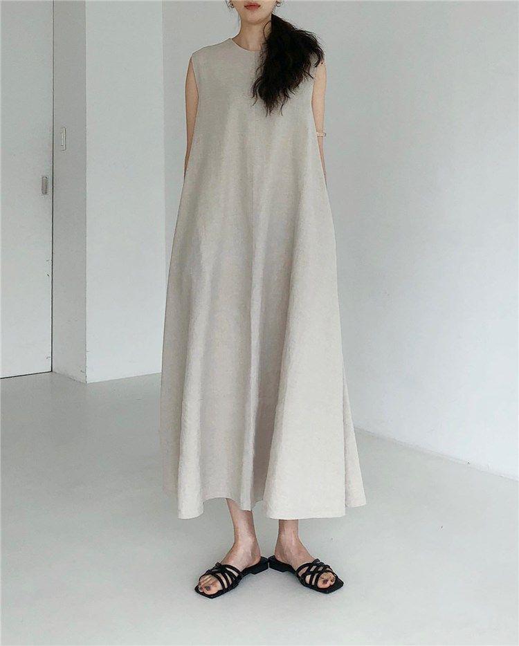 Korean Sleeveless Loose Fit Cotton Linen Dress with Wide Hem