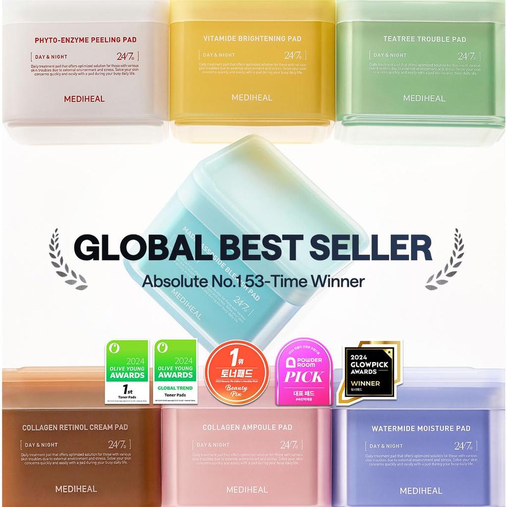 MEDIHEAL OFFICIAL Square Facial Toner Pads 100 Blemish Removal Korean Cosmetics (Tea Tree) Sheets, 170ml, Pads,