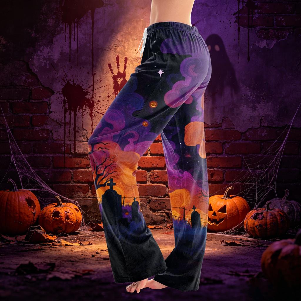 Women Drawstring Waist Halloween Print Long Pants Casual Loose Fit Trousers for Daily Home Lounge Wear