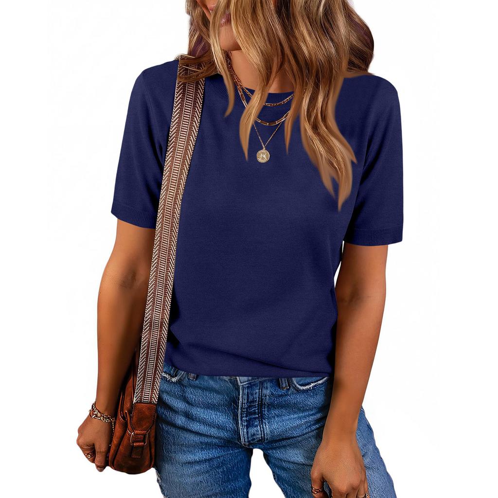Women Pullover Sweater Wool Blend Short Sleeve Crew Neck Casual Lightweight Knitwear for Everyday Wear
