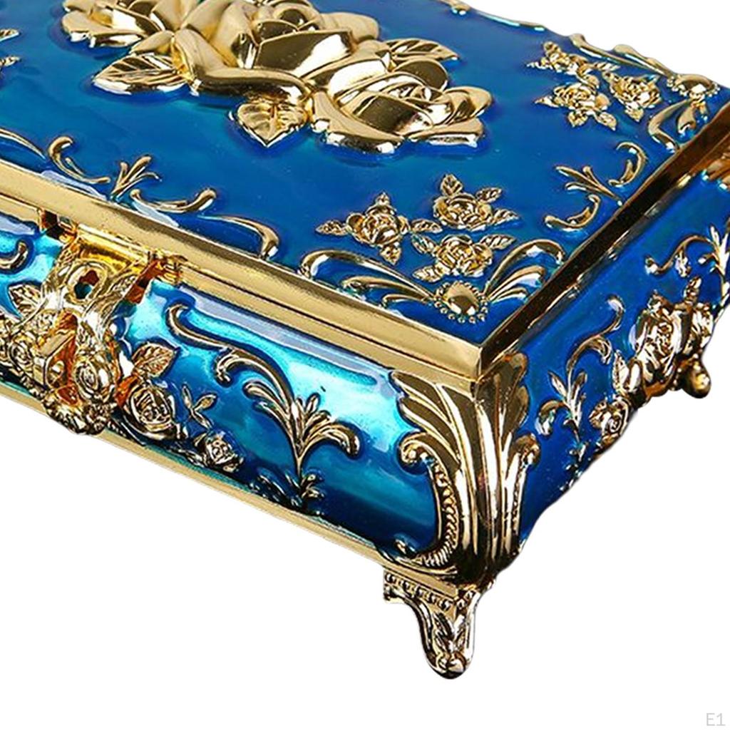 Trinket Box Engraved Blue, Treasure Organizer Chest Zinc Alloy Material with Dividers Exquisite