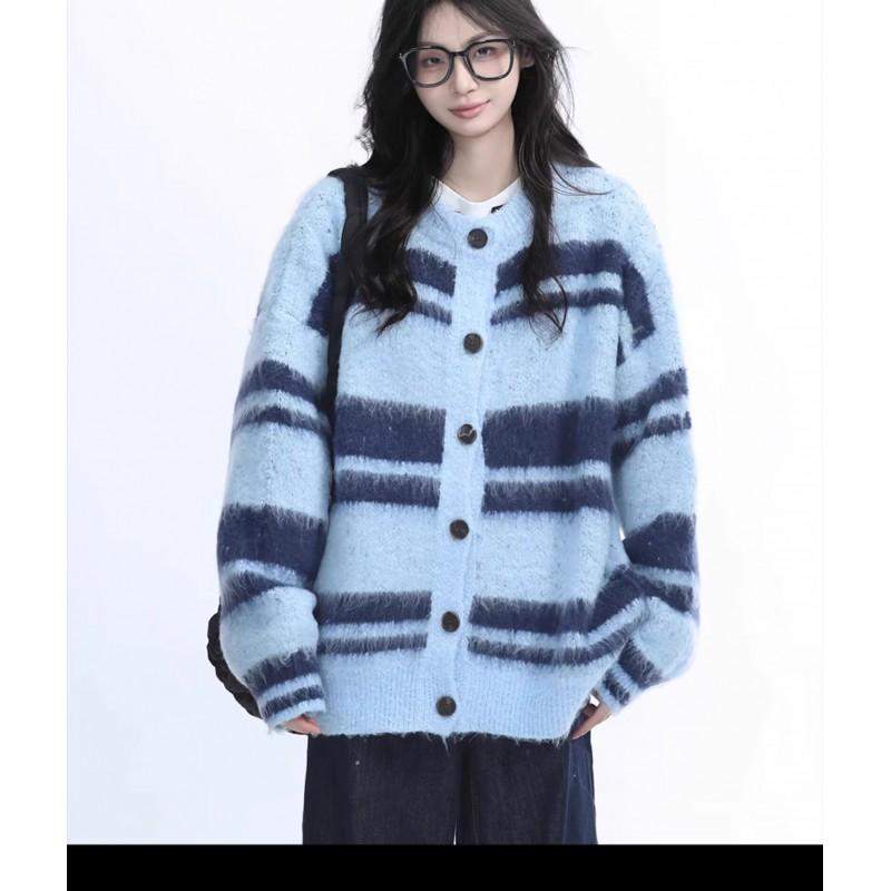 Unisex Oversized Knit Cardigan Sweater Striped Casual Long Sleeve Fall Outerwear Teens