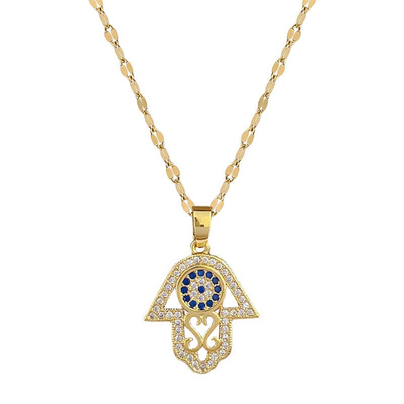 Stainless Turkish Hamsa Hand Fatima Crystal Necklace For Women Evil Eye Necklaces Gold Color Clavicle Long Chain Lucky Jewelry