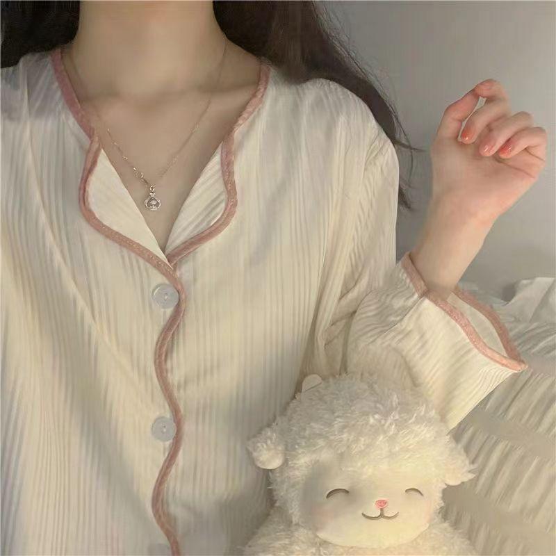 Pigiama Set Loungewear Maniche Lunghe Pantaloni Primavera Autunno da Donna Semplice Bordo Arricciato Largo Studentesca Tuta Larga
