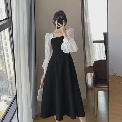 Langärmeliges schwarzes Retro-Netzkleid mit eckigem Ausschnitt für Damen - Frühjahr/Herbst-Kollektion