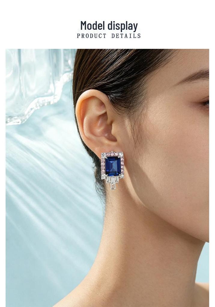 Zhou Hengfu S925 Sterling Silver Rectangular Sapphire Earrings for Women - Elegant Light Luxury Fashion.