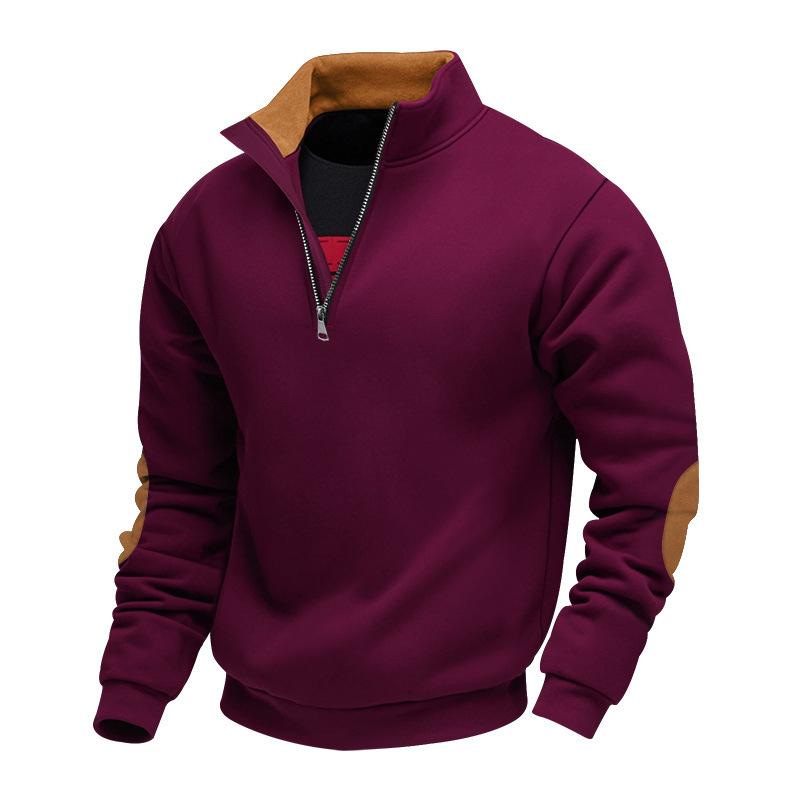 Men's Fleece-Lined Zip-Up Stand Collar Patchwork Contrast Colour Henley Long-Sleeved Casual Sweatshirt for Autumn/Winter